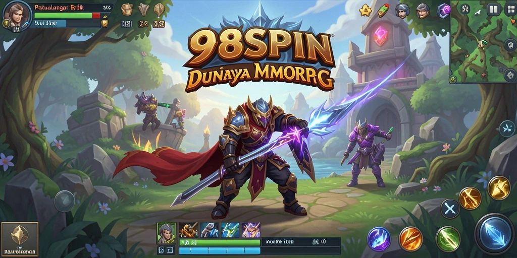 Screenshot utama dari gameplay MMORPG 98SPIN yang menampilkan pertarungan epik.
