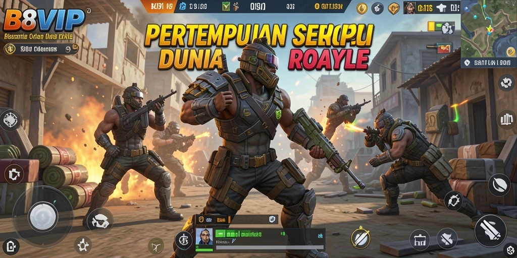 Screenshot B8VIP menampilkan aksi seru pertempuran Battle Royale.