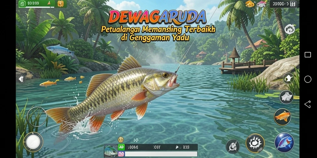 Screenshot gameplay DEWAGARUDA menampilkan aksi seru memancing.