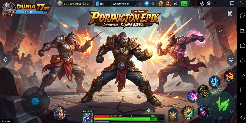 Gameplay seru DUNIA77 dengan pertarungan tim yang dinamis.