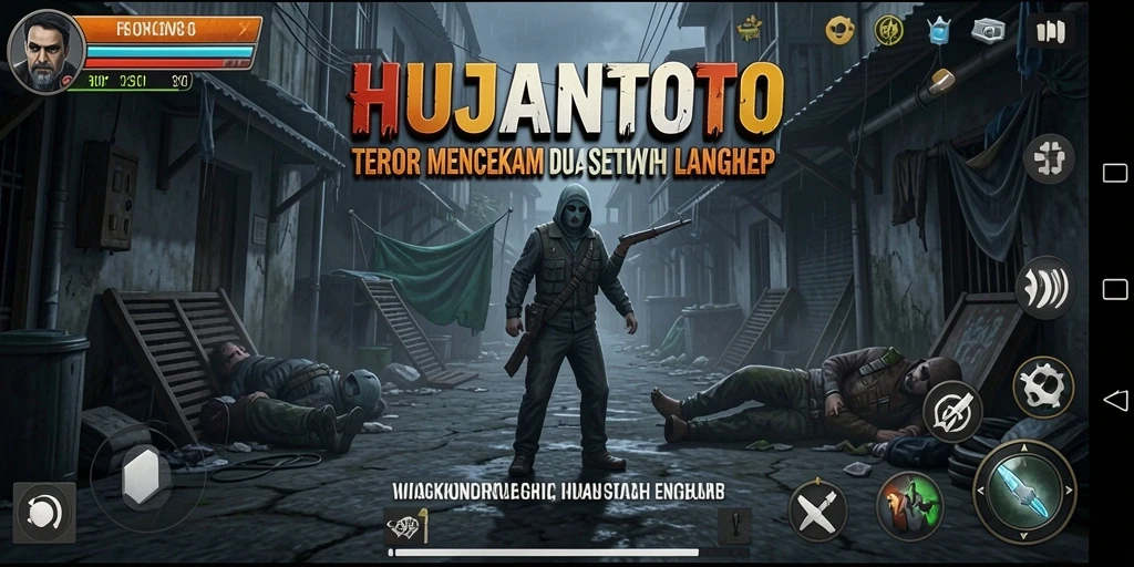 Screenshot gameplay mencekam dari HUJANTOTO yang menunjukkan kegelapan mengintimidasi.