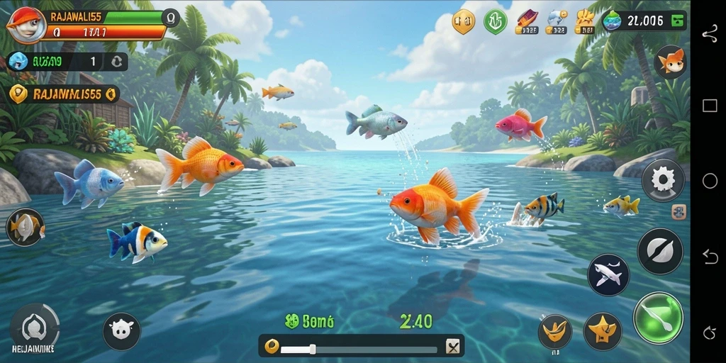 Tampilan gameplay mendebarkan di RAJAWALI55 dengan berbagai ikan dan lokasi memancing.