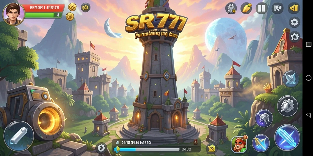 Tangkapan layar utama SR777 menampilkan serangan menara yang megah dalam Tower Defense.