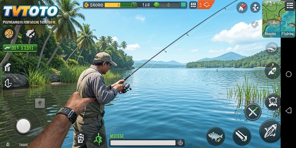 Tampilan gameplay TVTOTO dengan aksi memancing yang seru dan menantang.
